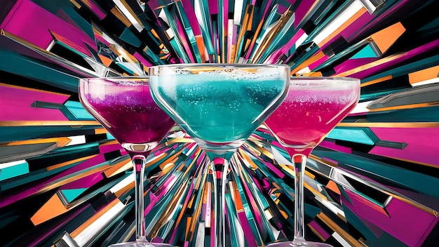 A painting featuring three glasses of drinks on a vibrant and colorful background Perfect for adding a pop of color to any design or project