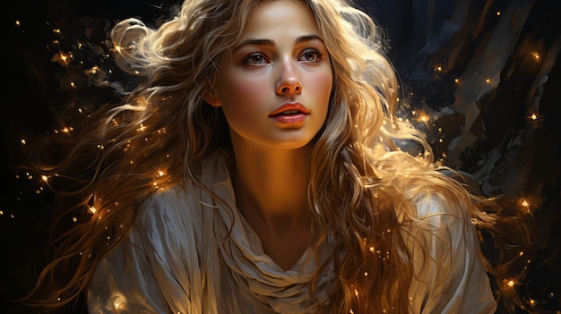 Painting featuring a woman with flowing blonde hair radiating elegance and mystery