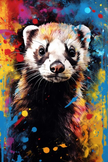 Painting of a ferret with a colorful background generative ai