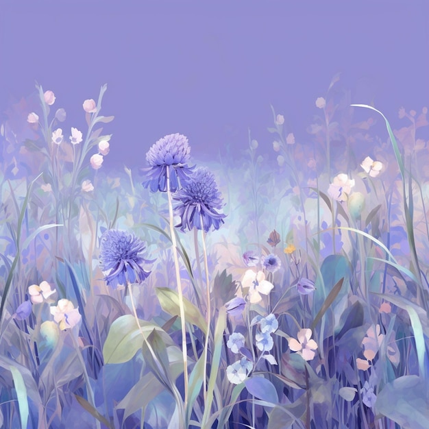 painting of a field of flowers with a blue sky in the background generative ai