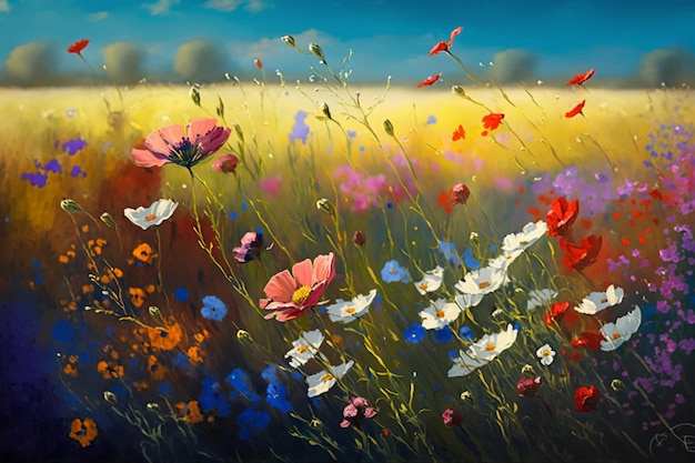 A painting of a field of flowers with a blue sky in the background.