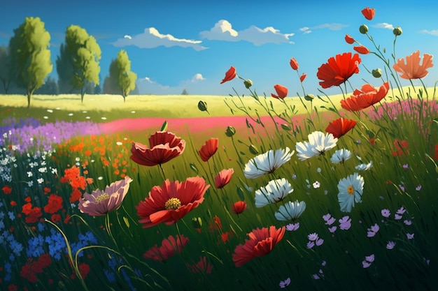 A painting of a field of flowers with a blue sky in the background.