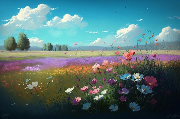 A painting of a field of flowers with a blue sky and trees in the background.