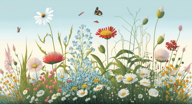 A painting of a field of flowers with a butterfly on the bottom.