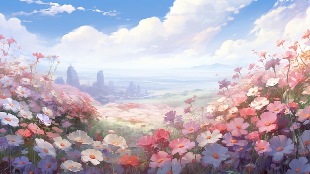 painting of a field of flowers with a city in the background generative ai