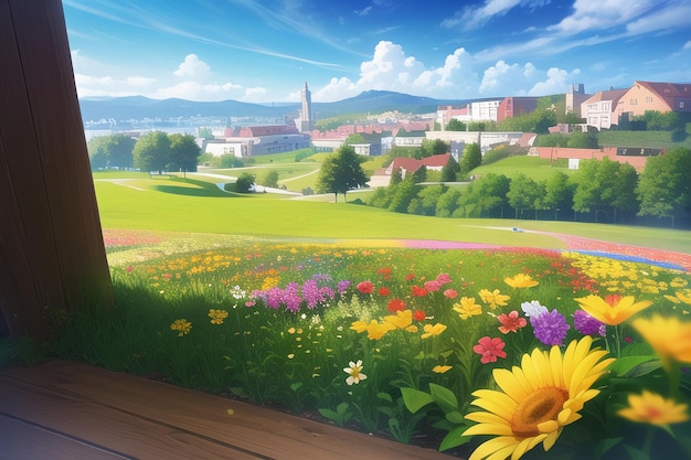 A painting of a field of flowers with a city in the background