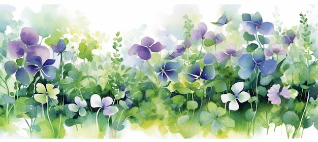 a painting of a field of flowers with green and purple flowers generative ai