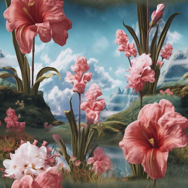 Painting of a field of flowers with a mountain in the background generative ai