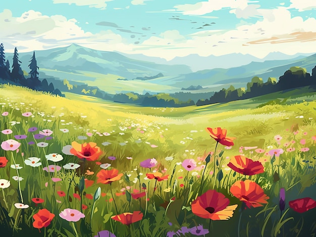 A painting of a field of flowers with a mountain in the background.