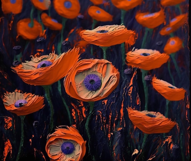 A painting of a field of flowers with the purple eye on the left.