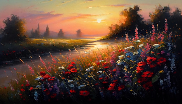 A painting of a field of flowers with the sun setting behind it.