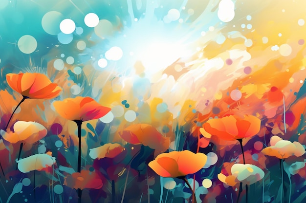 A painting of a field of flowers with the sun shining on it.