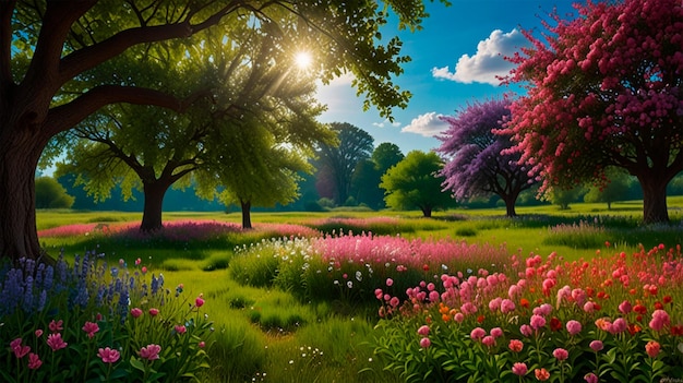 Photo a painting of a field of flowers with the sun shining through the trees