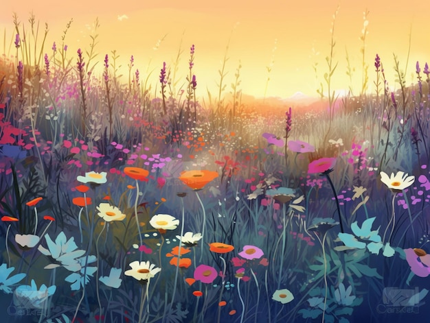 A painting of a field of flowers with a sunset in the background.