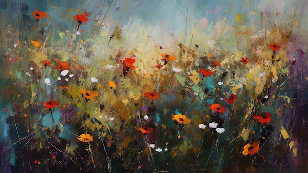 A painting of a field of flowers with the word poppies on it.