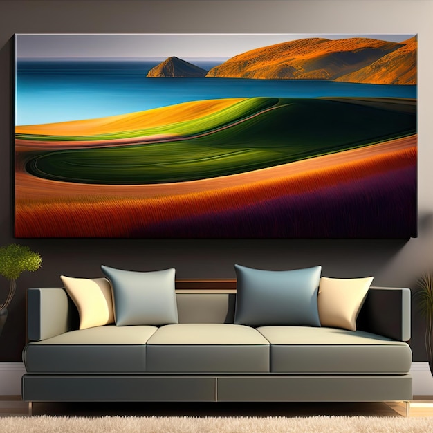 A painting of a field hangs on a wall above a couch in a living room