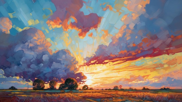 A painting of a field of purple clouds with a sunset in the background.