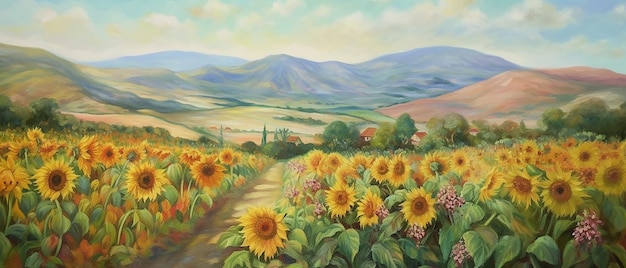 A painting of a field of sunflowers in front of a mountain.