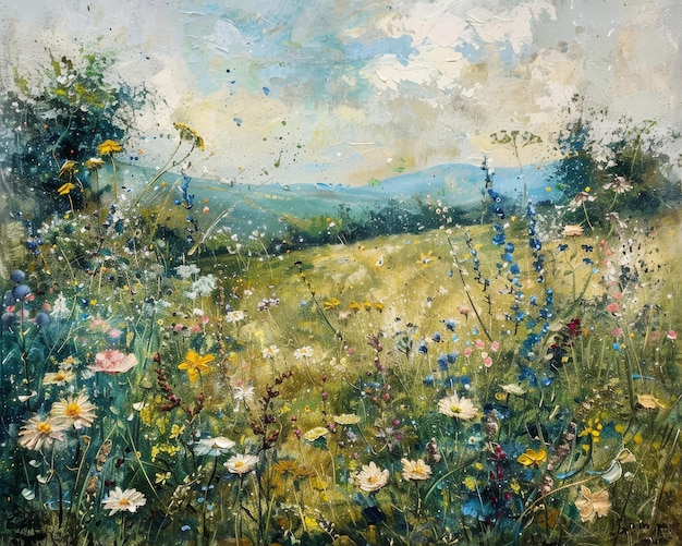 a painting of a field of wild flowers and a mountain in the background