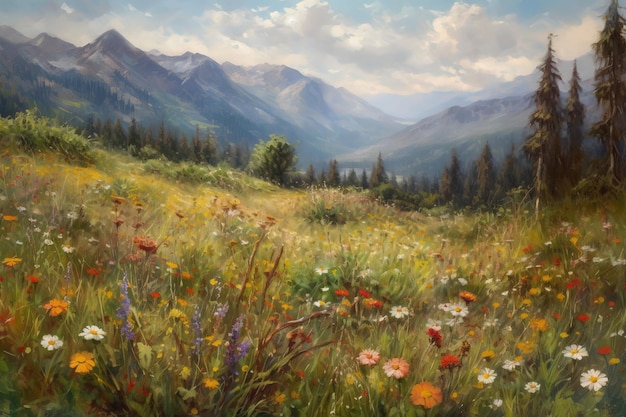 A painting of a field of wildflowers in the mountains.