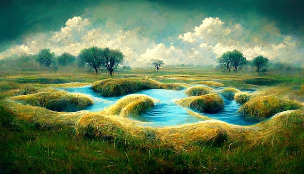 A painting of a field with a blue river in the middle.