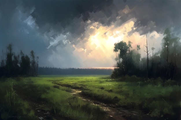 A painting of a field with a cloudy sky