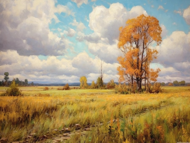 Painting of a field with a few trees and a few clouds generative ai