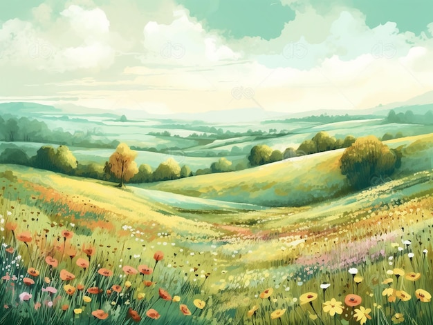 A painting of a field with a field of flowers and a field of flowers.