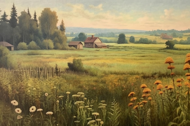 A painting of a field with flowers and a house in the background.