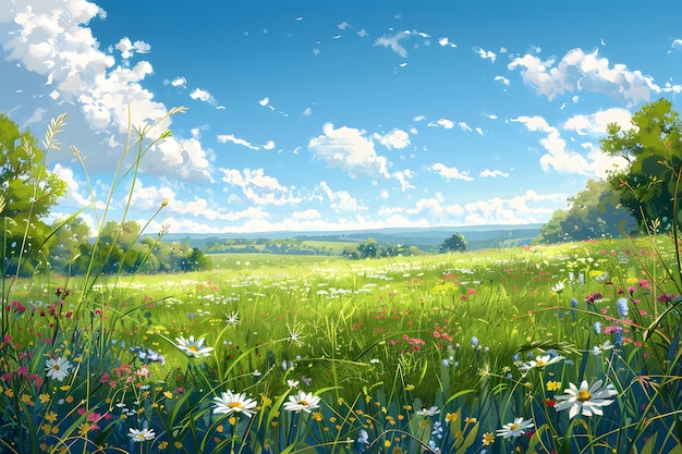 a painting of a field with flowers and the sky in the background