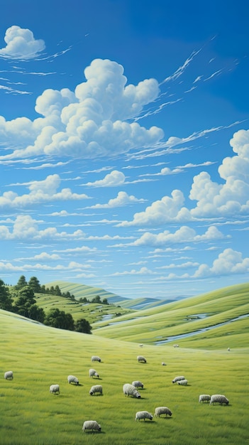 a painting of a field with a green field and a blue sky with clouds