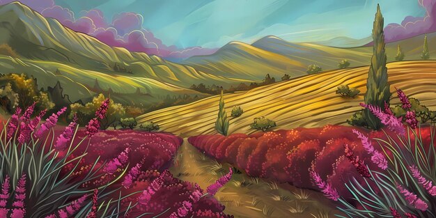 a painting of a field with purple flowers and a mountain in the background