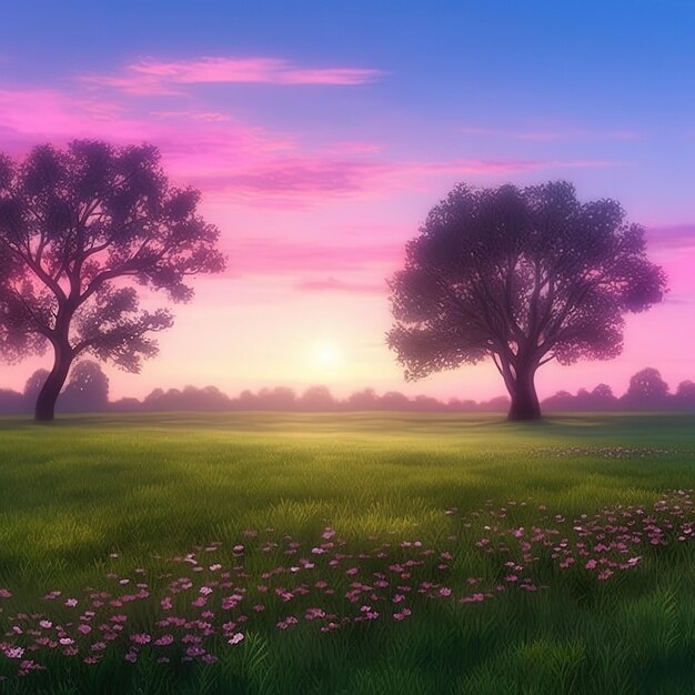 A painting of a field with purple flowers and a pink sky with the sun setting behind them.