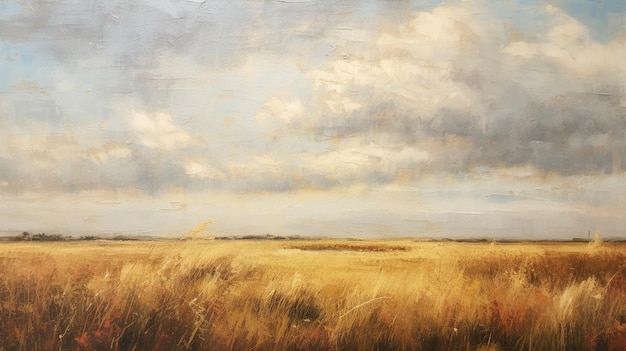 painting of a field with a sky and clouds in the background generative ai