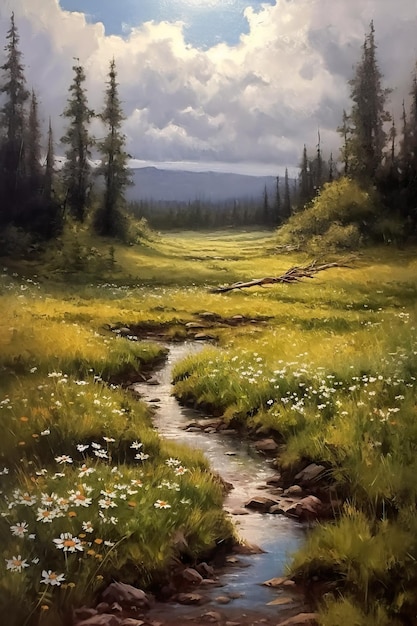 A painting of a field with a stream running through it.