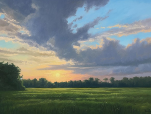 Painting of a field with a sunset in the background generative ai