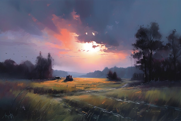 A painting of a field with a sunset in the background.