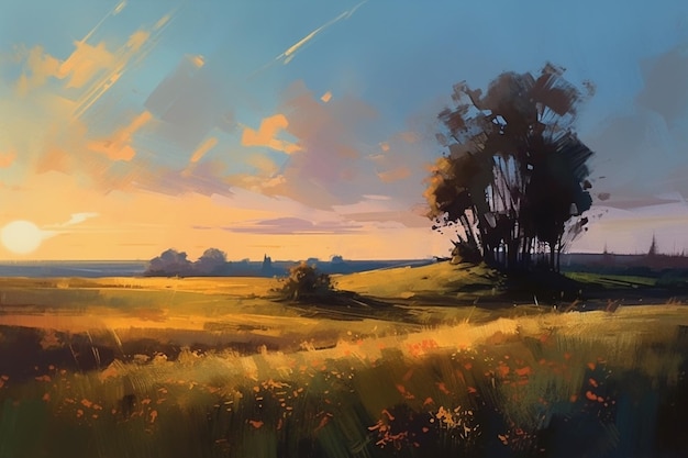 A painting of a field with a sunset in the background.