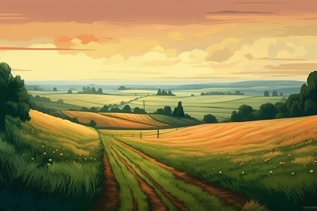 A painting of a field with a sunset in the background.