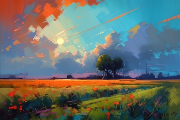 A painting of a field with a sunset and a tree in the foreground.