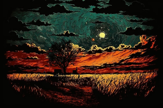 A painting of a field with a tree and the moon