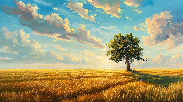 a painting of a field with a tree in the sky