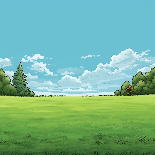 a painting of a field with trees and a blue sky with clouds.