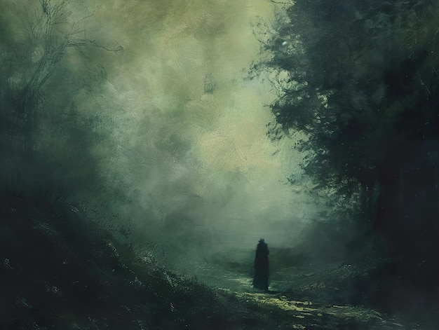 a painting of a figure in a dark forest with a cloud in the background