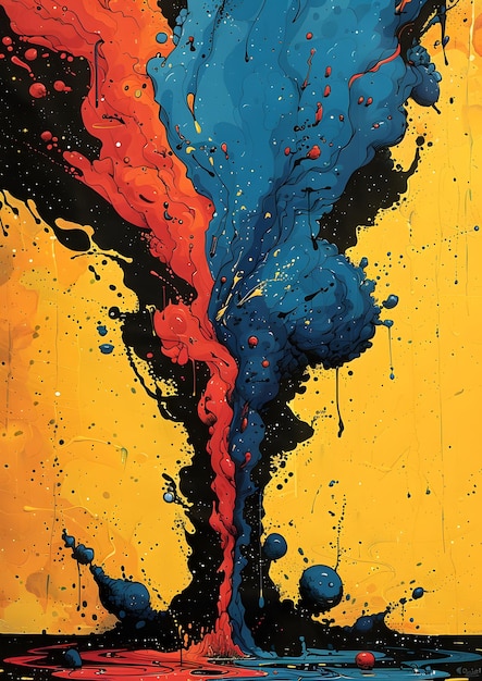 A painting of a fire with red and blue colors