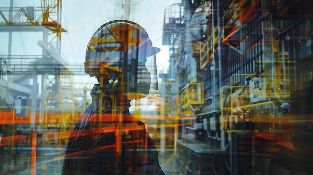 a painting of a firefighter in a factory with a background of orange and yellow lines