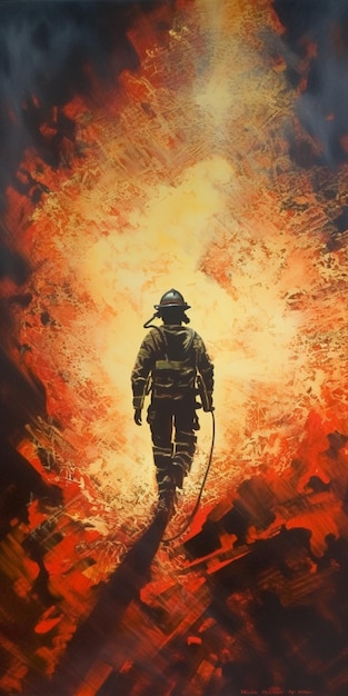 A painting of a firefighter walking away from the fire.