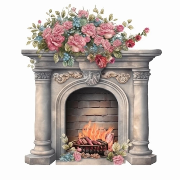 A painting of a fireplace with flowers on top of it generative ai