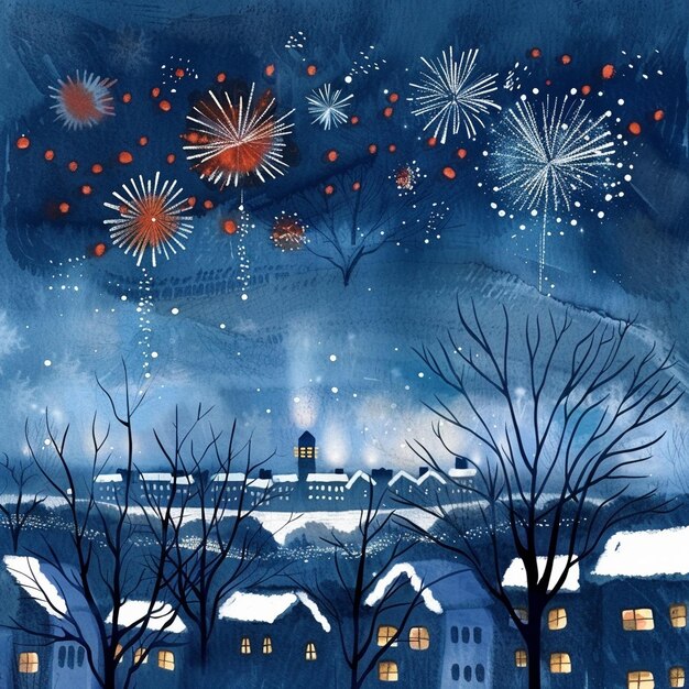 Photo a painting of fireworks and a house with a house in the background