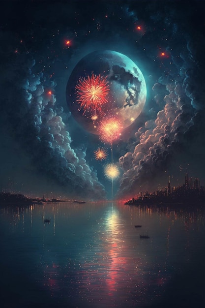 Painting of fireworks in the sky over a body of water generative ai